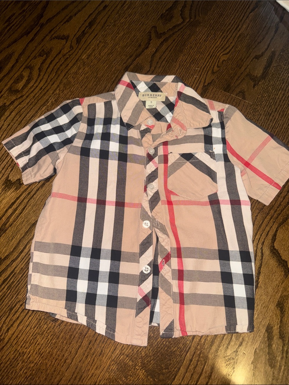 Burberry Kids Beige Plaid Short Sleeve Button-Up Shirt with Black & Red Accents